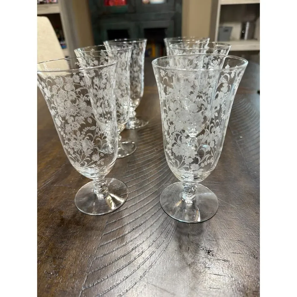 Set of 6 Vintage Etched Floral Wine Glasses Clear Stemware Elegant Barware